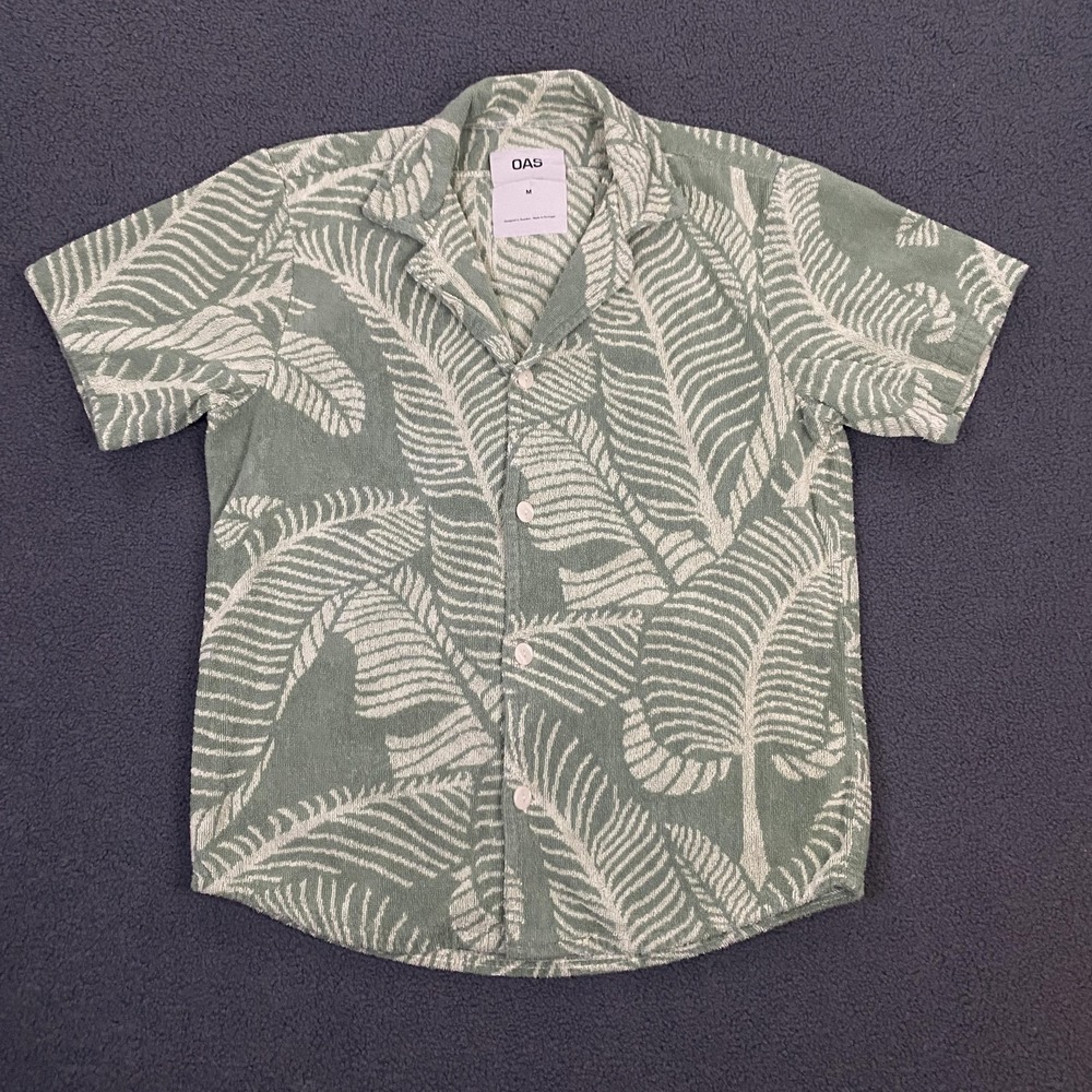 OAS Shirt Mens Medium Banana Leaf Cuba Terry Cloth Towel Hanalei Kauai Hawaiian